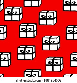 Holiday seamless pattern with present on color background. Vector illustration for Birthday, Merry Christmas, New year. Template design for invitation, poster, card, fabric, textile. Doodle style.