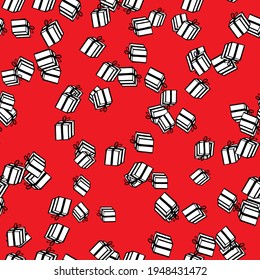 Holiday seamless pattern with present on color background. Vector illustration for Birthday, Merry Christmas, New year. Template design for invitation, poster, card, fabric, textile. Doodle style.