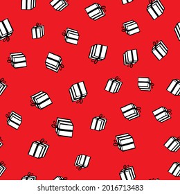 Patrón ininterrumpido de vacaciones con presente en el fondo del color. Ilustración vectorial para cumpleaños, Feliz Navidad, Año Nuevo. Diseño de plantilla para invitación, afiche, tarjeta, tela, textil. Estilo Doodle.
