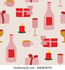Holiday nahtlose Muster mit Geschenken, Kerzen, Champagner und Gläsern. Weihnachtshintergrund im Boho-Stil. 