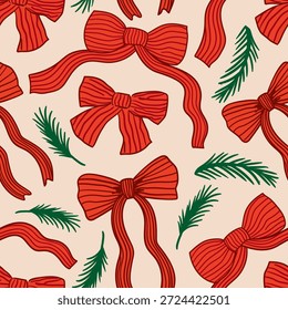 Patrón sin fisuras de Festiva con lazos rojos y ramas de abeto. Vector dibujado a mano ilustración. Fondo de Navidades en estética vintage coquette