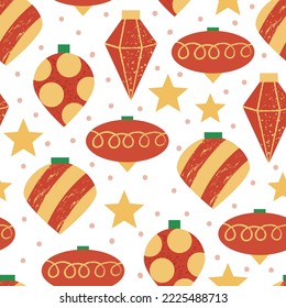Patrón ininterrumpido de vacaciones con adornos y estrellas de navidad rojas. Fondo del vector