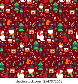 Holiday seamless pattern in red white green colors with Santa Claus, snowman, deer, gifts, surprises. Ornate for printing, wrapping and packaging. Vector isolated on turquoise