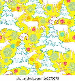 Holiday seamless pattern with reindeer and Christmas tree