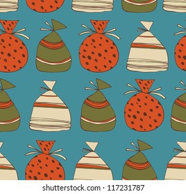 Holiday seamless pattern with sacks of gifts. Template for cartoons, crafts, surface textures, web pages backgrounds. Christmas elements for cards, arts, crafts, papers