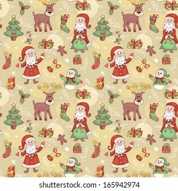 Holiday seamless pattern with Santa. Christmas background. Vector.