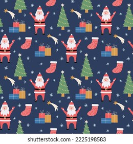 Holiday seamless pattern with Santa Claus, Christmas tree, presents and holiday decorations. Vector illustration. Winter design for scrapbooking, wrapping paper, fabric, textile.