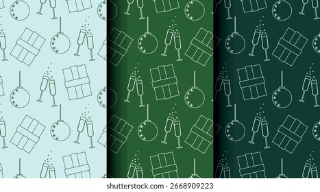 Padrão sem emenda de férias definido com elementos de Natal. Design vetorial com três opções de cores para cartões festivos, embalagens e têxteis.