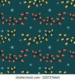 Holiday seamless pattern with shiny colored garland bulbs. Christmas and New Year, burning lanterns on a green background.