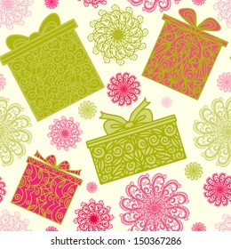 Holiday seamless pattern with snowflakes and gift boxes - vector