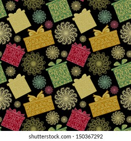 Holiday seamless pattern with snowflakes and gift boxes - vector