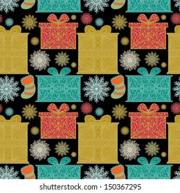 Holiday seamless pattern with snowflakes, gift boxes  and christmas socks - vector