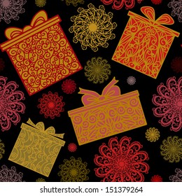 Holiday seamless pattern with snowflakes and gift boxes - vector