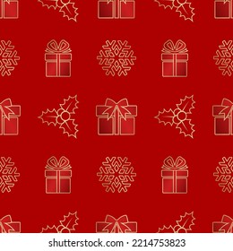 Holiday seamless pattern with snowflakes, presents and mistletoes for Christmas and New Year. Endless repeating pattern as wallpaper, fabric print, surface texture, package or gift paper.
