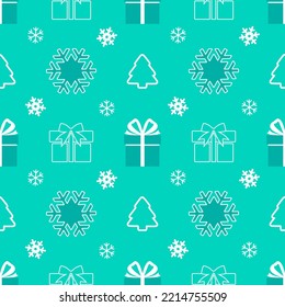 Holiday seamless pattern with snowflakes, presents and Christmas trees. Endless repeating pattern as wallpaper, fabric print, surface texture, package or gift paper for Christmas and New Year.