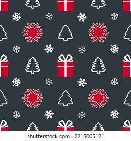 Feriennahtloses Muster mit Schneeflocken, Geschenken und Weihnachtsbäumen. Endlos wiederholendes Muster als Tapete, Stoffdruck, Oberflächenstruktur, Paket oder Geschenkpapier zu Weihnachten und Neujahr.