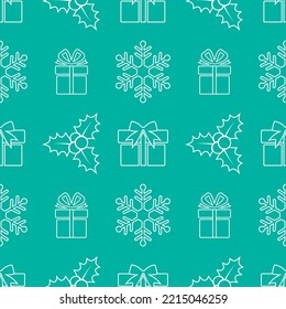 Holiday seamless pattern with snowflakes, presents and mistletoe for Christmas and New Year. Endless repeating pattern as wallpaper, fabric print, surface texture, package or gift paper.