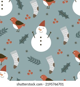 holiday seamless pattern with snowman, bird, sock, decorative elements. Colorful vector, flat style. hand drawing. design for fabric, print, wrapper