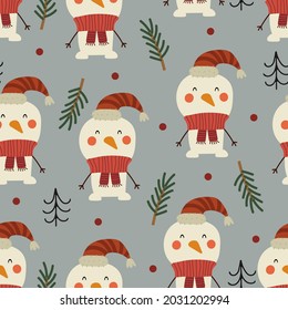 holiday seamless pattern with snowman, christmas tree, decorative elements. Colorful vector, flat style. hand drawing. design for fabric, print, wrapper