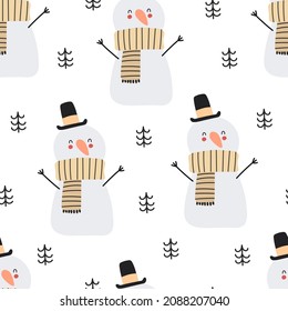 holiday seamless pattern with snowman, christmas tree, decorative elements. Colorful vector, flat style. hand drawing. design for fabric, print, wrapper