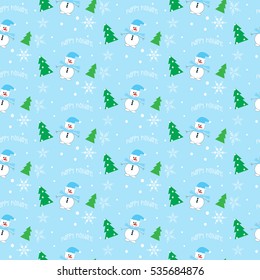 Holiday seamless pattern. Snowman and green tree on a blue background. Vector illustration.