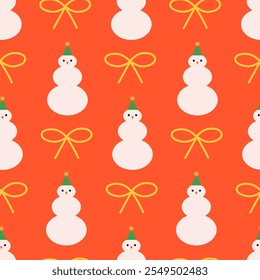 Holiday seamless pattern with snowmans and bows. Vector flat modern background for christmas and new year