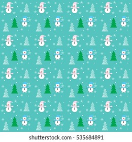 Holiday seamless pattern. Snowmans on a turquoise background. Vector illustration.