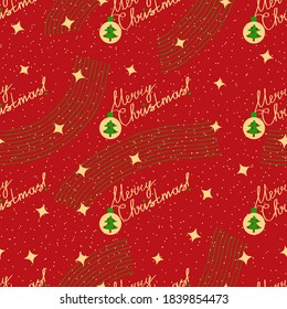 Holiday seamless pattern with stars, Christmas balls and trees, Merry Christmas text on red background.