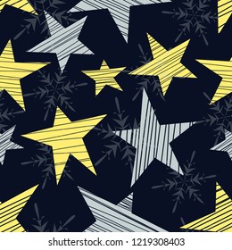 Holiday seamless pattern with stars and snowflakes. Art can be used for holiday packing, postcards, background.