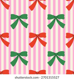 Holiday seamless pattern with stripes and bows. Christmas striped vector flat background in coquette style