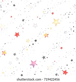 Holiday seamless pattern with texture colorful stars and dots. Abstraction illustration in vintage watercolor style on white background.