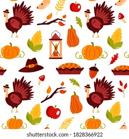 Holiday seamless pattern for Thanksgiving day with famous symbols turkey, pie, pilgrim hat, pumpkin. Vector illustration for your designs