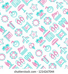 Holiday seamless pattern with thin line icons: sun, yacht, ice cream, surfing, hotel, beach umbrella, island, coconut drink, airplane, starfish, photo, lifebuoy. Modern vector illustration.