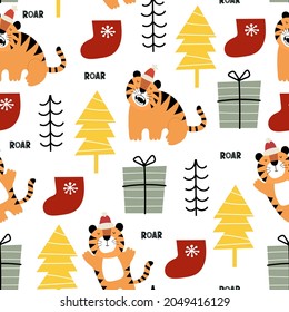 holiday seamless pattern with tiger, tree, present, sock, decoration elements. Merry Christmas. Colorful vector, flat style. design for fabric, print, wrapper