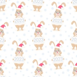 Holiday Seamless Pattern With Tired Rabbit In Santa Hat. Text Happy New Year 2023. Winter Wallpaper With Funny Bunny. Vector Illustration. 