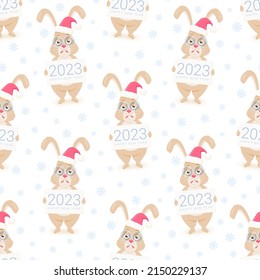 Holiday Seamless Pattern with Tired Rabbit in Santa Hat. Text Happy New Year 2023. Winter Wallpaper with Funny Bunny. Vector Illustration. 