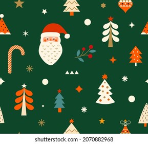 Holiday seamless pattern with traditional Christmas symbols, Santa Claus and decorative elements