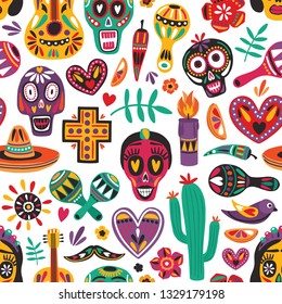 Holiday seamless pattern with traditional Day Of The Dead decorations on white background. Festive backdrop. Motley flat cartoon vector illustration for wrapping paper, fabric print, wallpaper.