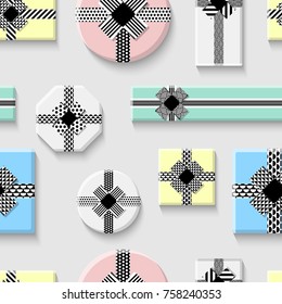 Holiday seamless pattern with trendy black, white and pastel colored geometric gift boxes and ribbons. Flat lay vector poster, flyer or voucher background. Top view mock up design template.
