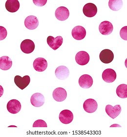 Holiday Seamless pattern for Valentine's Day, March 8, weddings, posters. Pink watercolor dots and hearts on a white background. Blurry paints. Watercolor splash on white paper. Vector illustration