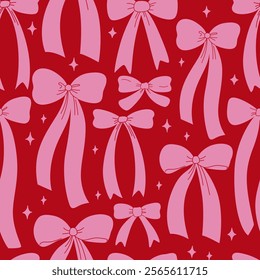 Holiday seamless pattern with various hand drawn vintage bows and stars. Vector flat background in coquette aesthetic