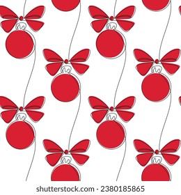 Holiday seamless pattern vector. Christmas tree ball bauble red ribbon bow line continuous background. Hand drawn graphic illustration, banner, card, poster, festive ornament, wallpaper, print.