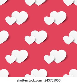 Patrón perfecto de vacaciones con corazones de volumen. Estiloso par de corazones con sombra. Día de San Valentín. Fondo vectorial lindo