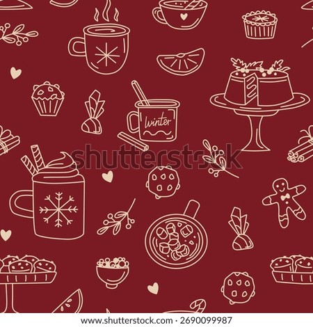 Holiday seamless pattern with whimsical doodle elements on red background. Hand-drawn Christmas ornaments, sweets and hot drinks.