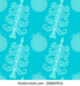 Holiday seamless pattern with white Christmas tree and Christmas ball on a blue background. Endless print texture. Fabric design. Wallpaper - vector