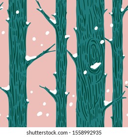 Holiday Seamless Pattern with winter forest and snow. Xmas winter collection. trendy color