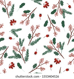 Holiday seamless vector green and red colors pattern with leaves and berries for Christmas seasonal, Design for fashion, wrapping,wallpaper and all prints on white background color
