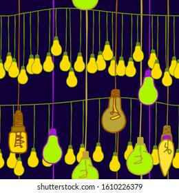 holiday seamless vector illumination pattern with burning garlands of small bulbs. fabric, wrapping paper, background, wallpaper, surface and textile design. Nordic style party decoration ornament.