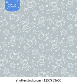 Holiday seamless vector pattern with bells, Christmas balls and stars in white colors on silver background. Christmas for surface design, wallpapers, fabrics, wrapping paper etc