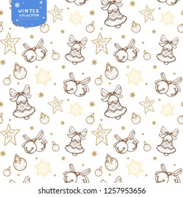 Holiday seamless vector pattern with bells, Christmas balls and stars in golden colors on white background. Christmas for surface design, wallpapers, fabrics, wrapping paper etc